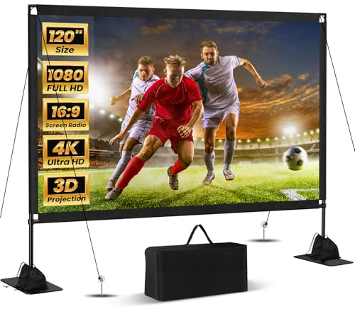 120inch Projector Screen with Stand: Portable Projector Screen Outdoor Indoor Front/Rear16:9 4K HD with Carry Bag, Sandbag - Lightweight Movie Screen for Backyard, Camping, Theater