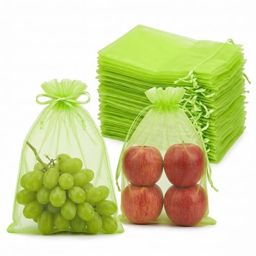 Intckwan 100 Stück Traubenschutzbeutel aus Organza mit Zugband, 15x20 cm Obstschutznetze zum Schutz vor Vögeln, Wespen & Insekten – Wiederverwendbar für kleine Weintrauben, Kirschen & Beeren(Hellgrün)