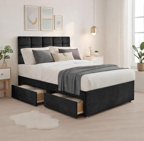 BED TIME UK Serene Black Plush 5FT King Size Bed Frame with Mattress – 20 Cubic Headboard & 2 Drawer Storage Divan Base, Spring Memory Foam Bed Set