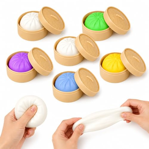 6 Stück Dumpling Squishy, mit Dampfgarer Box, Baozi Squishy Anti Stress Knetball, Mystery Überraschungsfarbe, Squeeze Toy Fidget Spielzeug Geschenk für Kinder Erwachsene