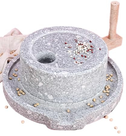 Manual Dry/Wet Grain Mill with Wooden Frame+coarse/fine Adjustable Shaft,Small Stone Mill, Old-Fashioned Green Stone Mill,Sturdy and Wear-Resistant (20cm/7.9in)