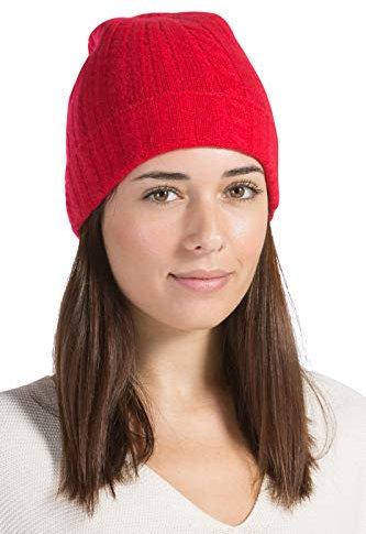 Fishers Finery Damen Mütze aus 100 % reinem Kaschmir, Zopfmuster, superweich, mit Bündchen - Rot - Einheitsgröße