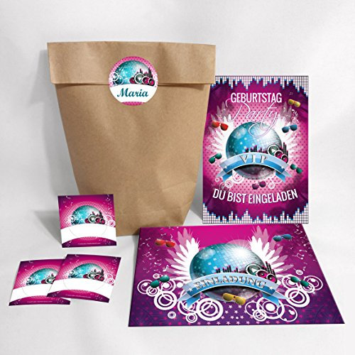 JuNa-Experten 10 Einladungskarten, Umschläge, Tüten, Aufkleber zum Geburtstag VIP/Kinder Erwachsene/Disco-Geburtstag incl. 10 Umschläge, 10 Party-Tüten/natur, 10 Aufkleber