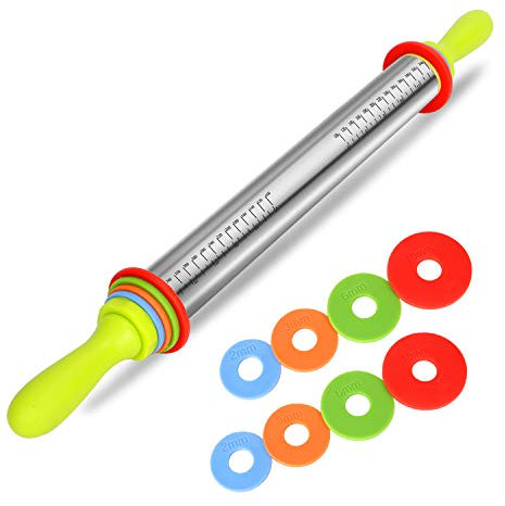 BYbrutek Edelstahl Nudelholz mit Griff, Einstellbares Teigroller mit 4 Abstandshalter für Teigdicken, Anti-Haft BPA-frei Backzubehör, 35cm (35cm/Edelstahl mit Griff)