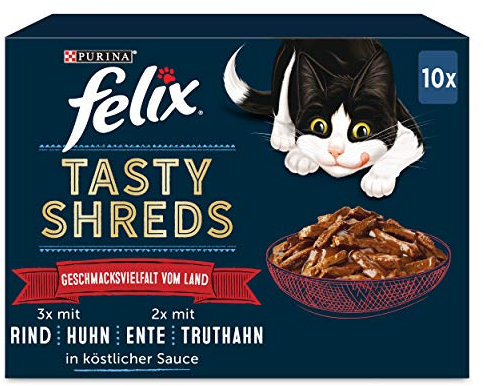 FELIX Tasty Shreds Katzenfutter nass in Sauce, Geschmacksvielfalt vom Land, 6er Pack (6 x 10 x 80g)