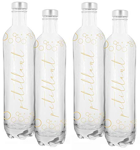 BrandPrint, Set di 4 bottiglie in Vetro per Acqua Modello Hera 750 ml con Tappo a Vite in alluminio colore Oro, Serigrafata Frizzante