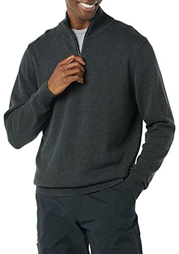 Amazon Essentials Herren Pullover mit Viertelreißverschluss aus 100% Baumwolle, Dunkelgrau Meliert, XXL