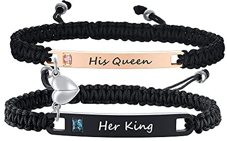 FLHEART Her King His Queen Gravierte handgefertigte Paar Armbänder Ewiges Versprechen Magnetische Paar Armbänder Gegenseitige Anziehungskraft Name Beziehungsarmband Geschenk für Ihm Ihr