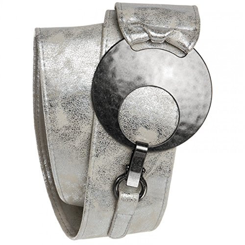 Caspar GU225 Breiter Damen Gürtel mit großer runder Metallschnalle, Gürtelgröße:75, Farbe:silber