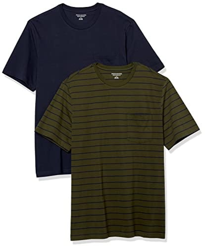 Amazon Essentials Men's Short-Sleeve Crewneck Pocket T-Shirts, Pack of 2, Navy/Olive Stripes, 5XL Plus
