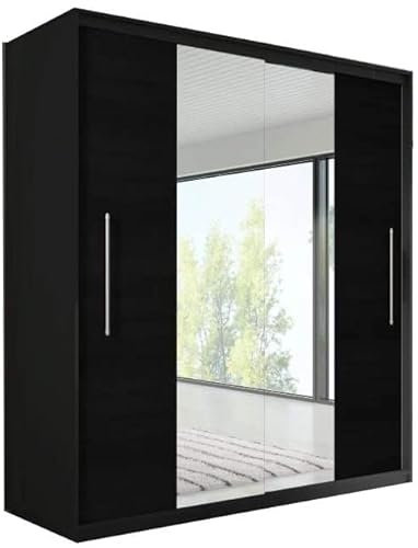 mb-moebel Armoire coulissante Nico 204x218x58 cm – 2 Portes avec Miroir, penderie avec Tringle et étagères – Dressing Moderne pour Chambre ou entrée (Noir)