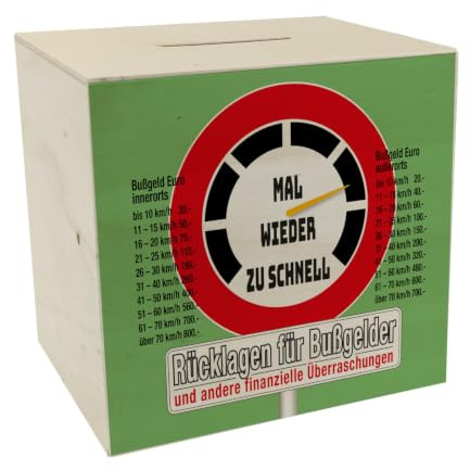 Zu schnell gefahren Bußgeld Spardose aus Holz in grün mit Straßenschild Motiv um für einen Strafzettel zu sparen für den Führerschein mit Bußgeldkatalog für Autofahrer