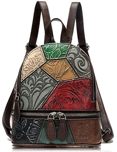 Karoukee Stilvolle Patchwork Mode Rucksack Handtasche für Frauen, Zufällige Bunte Handgemacht Echt Leder Freizeit Rucksäcke, Exklusiver einzigartiger kleiner Damen Rucksack mit Diebstahlschutztasche