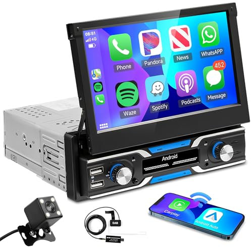 32G Wireless Carplay Android Autoradio 1 Din mit DAB/DAB+ Modul Android Auto Navi GPS WiFi 7 Zoll Automatisch Ausfahrbares Bildschirm Autoradio mit Mirror Link Bluetooth FM/RDS/DAB/SWC Rückfahrkamera