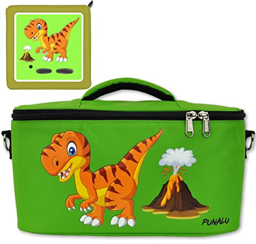PUNALU Tasche für Toniebox inkl. Schutzfolie passend für Toniebox, Platz für 30 Tonies, Ladegerät und Kopfhörer, Set Toniebox Tasche + Toniebox Aufkleber (grün Dinosaurier T-Rex)
