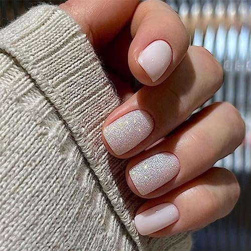 TMUT 24pcs Short False Nails Round Stick on Nails White Glitter Press on Nails Aurora Removable Glue-on Nails Fake Nails Women Girls Nail Art Accessories