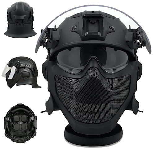Taktischer Vollkopf-Schutzhelm, SWAT Airsoft Wargame Anti-Riot-Ausrüstung, Stahl-Mesh-Maske, Schutzbrille, Ohr-/Hals-Modul, All-in-One-Helm