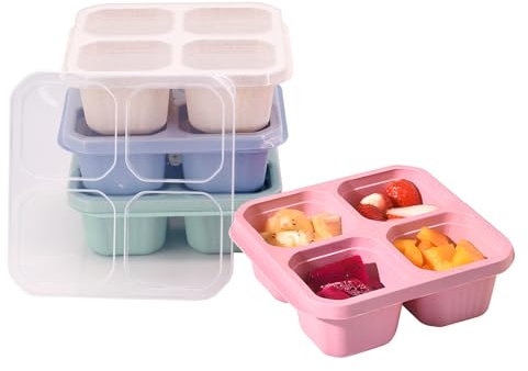 4 Stück Snackboxen mit 4 Fächern, Wiederverwendbare Vesperbox, Kleine Jausenbox mit Deckel Plastik, Kinder Bento Box Auslaufsicher, Snack Behälter, Meal Prep Container für Ausflüge Schule Outdoor