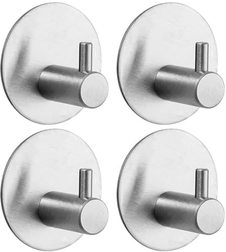 Klebehaken Extra Stark 4 Stück, Haken Ohne Bohren Mit Klebepads Klebehaken Badezimmer Edelstahl SUS 304 Runde Haken Wasserdicht Haken Selbstklebend Multifunktional Für Bad Toilette Küche (Silber)