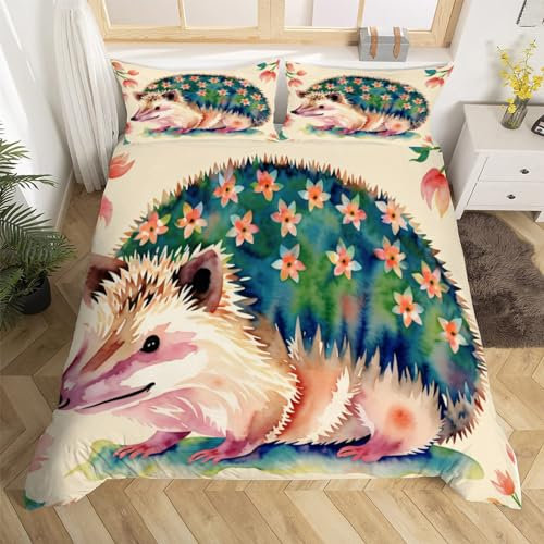 Igelmotiv Bettwäsche 200x200 cm Weich Mikrofaser Cartoons Bettwäsche-Sets mit Reißverschluss 3 Teilig Bettbezug mit 2 Kissenbezug 80x80 cm