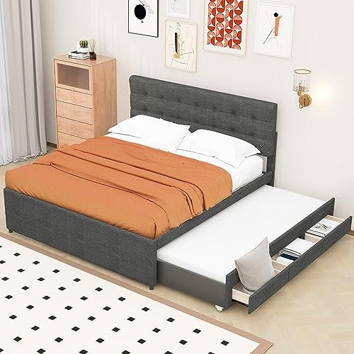 Kehun Polsterbett Doppelbett 140x200 mit Ausziehbarem Bett für 3 Personen, Familienbett mit 3 Stauraum Schublade und Lattenrost aus Holz, Verstellbares Kopfteil, Leinen, Grau, ohne Matratze