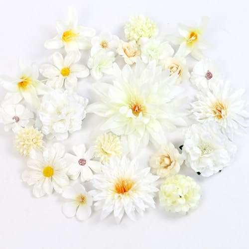 LARDUX Künstliche Blumenköpfe zum Basteln, große Seidenblumen, Weiß, Großpackung für Heimwerker, Hochzeit, Party, Haarschmuck, Scrapbooking, Heimdekoration, 24 Stück