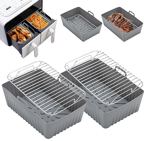 Lifemaison Silicone Air Fryer Liner,4 PCS Air Fryer Accessories for Tower Vortx T17100 Vizion Dual Basket,Air Fryer Racks,Reusable Air Fryer Food Safe Dual Basket,Silicone Pot for Oven,Microwave,Grey