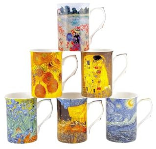 CHINACAVE Artist Designed 10oz Castle Mugs Set of 6 Premium Fine Bone China Cups and Mugs - Professional Quality for Kitchens, Restaurants, Cafes
