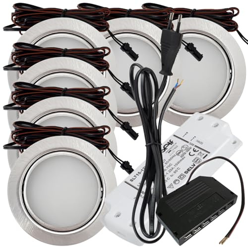 Rolux 6er Set LED Möbeleinbauleuchte Emma 12V 3W Warmweiß 3000K | Ultra flach Ø55mm Einbaustrahler | 180lm | inkl. LED Trafo & 230V Zuleitung | Für Möbel, Schrank, Küche | Einfache Montage, IP20
