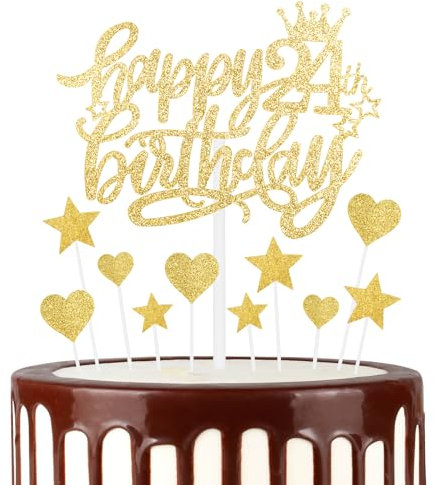 mciskin Happy 24th Birthday Cake Toppers - Gold Glitter Heart Stars, Personalised for Women Girls