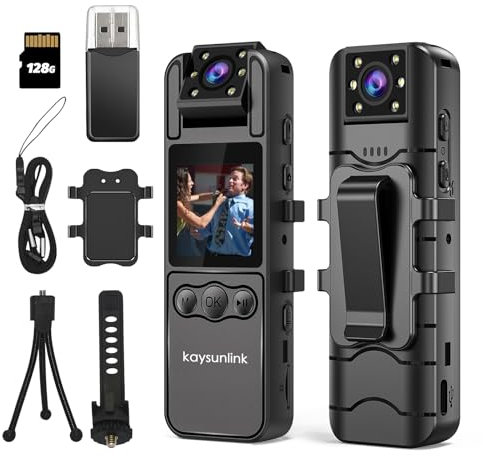 kaysunlink 1.4” Screen Body Camera with Audio and Auto Video Night Vision 1080P FHD Mini Police Wearable Body Worn Cam Portable Small Personal Camcorder Sport Action Outdoor Video Recorder (128GB)