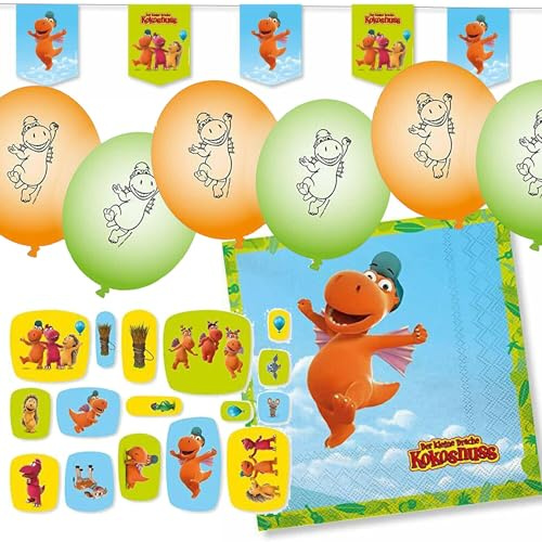 Deko-Set für Kindergeburtstag, Mottoparty und Party | 77 Teile mit Servietten + Konfetti + Wimpelkette + Luftballons | Kinder Deko Partydeko (Der kleine Drache Kokosnuss)