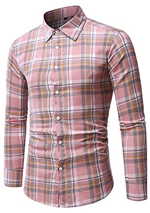 Chemise à manches longues pour homme, coupe ajustée, plaid, col rabattu, chemise de loisirs, haut chemisier pour homme, chemise rayée, Rose, L