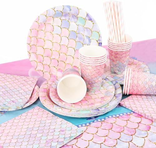 Lnjya Meerjungfrau Partygeschirr Set für 16 Gäste, Rosa, Meerjungfrau Geburtstag Deko für Kinder, Pappteller, Tassen, Servietten, Tischdecken