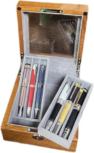 XIAGJAO Wood Pen Display Box, 6 Pen Organizer Box, with Glass Window & Drawer, 2 Ink Bottle Storage Slots, Double Layer Tray, Luxury Fountain Pen Storage Box
