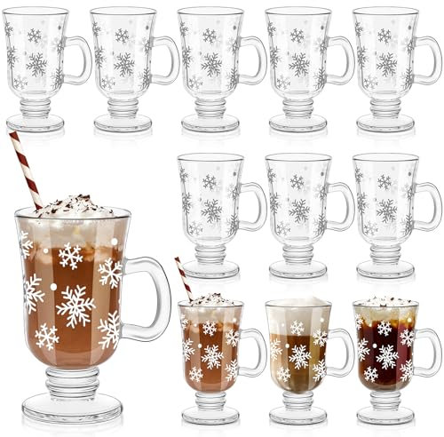 Sliner Kaffeetassen aus Glas mit Griff, 237 ml, transparent, irische Füße, Kaffeetassen, Winterurlaub, für Getränke, Latte, heiße Schokolade (Schneeflocke), 12 Stück