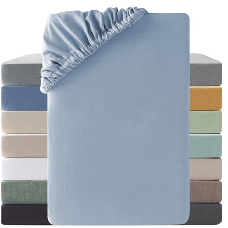 SOULFUL Drap Housse 140x190 Coton,Poches élastiques de 30 cm,100% Coton Lavé Texture Similaire à Celle du Lin Stone Washed Confortable Respirant Drap-Housse,Bleu Clair