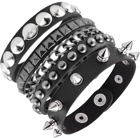 AYNKH 3PCS Punk Rock Lederarmband Mit Spitzen, Nieten und Inlay - Goth Manschette Verstellbar für Männer und Frauen, 80er Jahre Emo Konzert