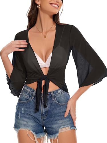 Shrugs For Women Summer Half Sleeve Cropped Bolero Cardigans Beach Coverups | soft and lightweight, elegant tie front jacket, casual bikini cover up, sheer top for daily outfits