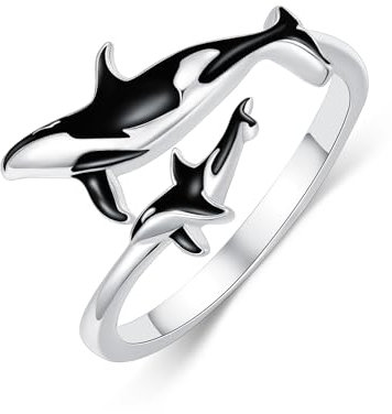 Shusukue Killerwal-Ring, 925er Sterlingsilber, zwei Orcas, verstellbarer Ring, Schmuck für Tierliebhaber, Ozean-Geschenk für Freundin/Tochter/Mutter
