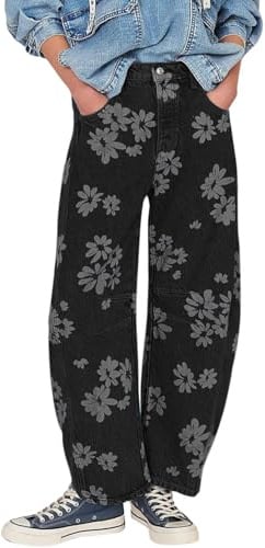 loveimgs Women Y2k Distressed Barrel Jeans Baggy Wide Leg Jeans Floral Printed Boyfriend Patchwork Denim Pants, Black, M