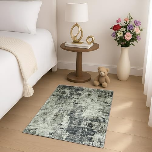 MOONLIGHT20015 Washable Small Bedside Rug 40x60cm - Soft Short Pile Abstract Area Rugs For Bedroom Entrway Non Slip Floor Carpet Traditional Vintage Cashmere Door Mat For Kitchen Bathroom, Frost