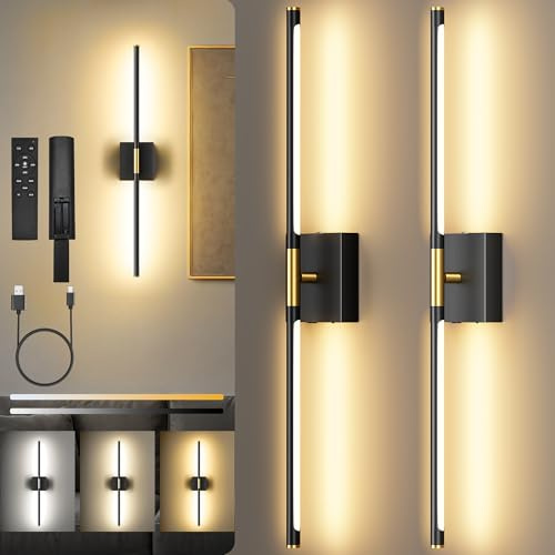 SyncGlow 10000mAh Battery Operated Wall Sconces Set of 2, Black Gold-29Inch