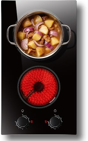 Disaenvir Double Ceramic Hob with Knobs, Built-in 2 Ring Electric Hob 30 cm | 9 Power Level, 3000W, 220-240V, No Plug Included