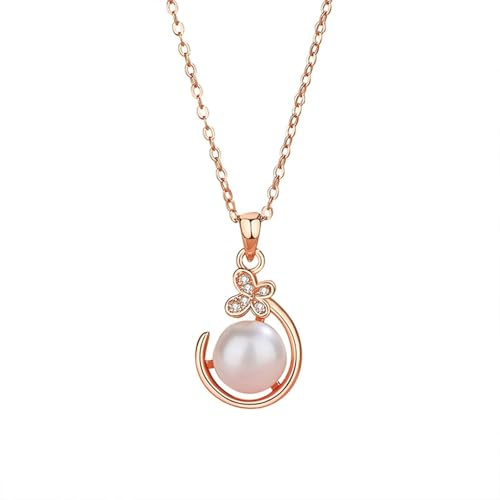 Halskette 14K Gold, Ketten Damen Modeschmuck Weiß Moissanit Anhänger Kette Echt 585 Roségold Schmetterling und Perle 40+5cm Lang