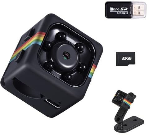 Veralyxa Mini Camera Espion sans Fil, Camera Espion avec Carte TF de 32 Go,1080P Camera de Surveillance sans Internet avec Support Rotatif à 360° pour Sécurité Intérieure/Extérieure (Noir)