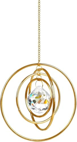 Sonnenfänger Kristall für Fenster, Kristall Sonnenfänger mit 4 Kreisen Drehender, Pastoraler Fensterdeko Hängend, Suncatcher für Fensterdekoration,Garten,Wohnzimmer,Balkon,Feiern (Gold)