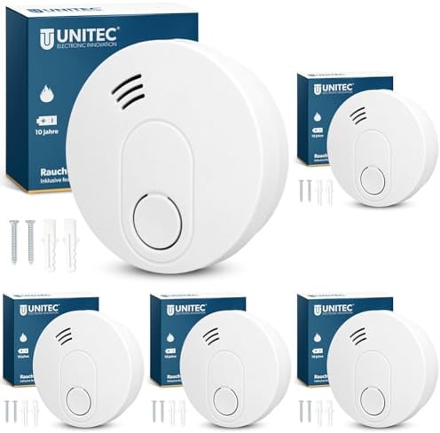 UNITEC Rauchwarnmelder, Rauchmelder Zertifiziert nach DIN EN 14604, VDs 3131, Q-Label, 10 Jahre Batterielaufzeit, akustische und optische Anzeige, manuelle Prüffunktion, Alarm 85 dB, weiß