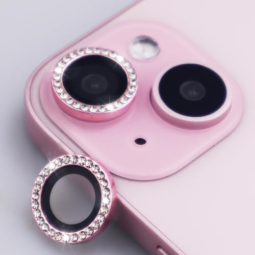 BCBOPE Camera Lens Protector for iPhone 15/15 Plus/14/14 Plus Bling Diamond Metal Ring Rhinestone Tempered Glass Lens Cover Accessories (Pink)