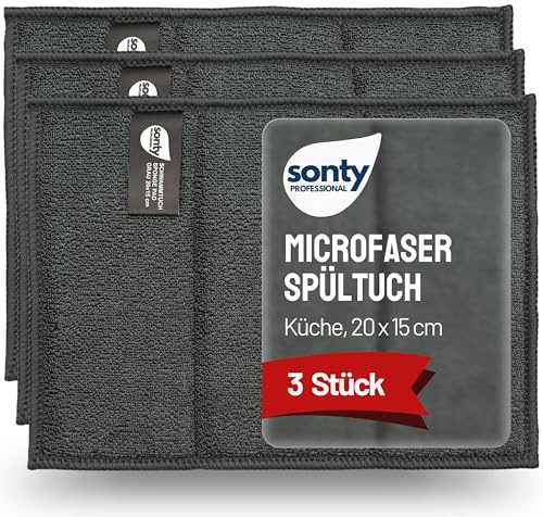 Sonty Pack de 3 Bayetas de Microfibra - Paño de Cocina Absorbente con Núcleo de Esponja (Estropajo Anti-Grasa Lavable, 20 x 15 cm)